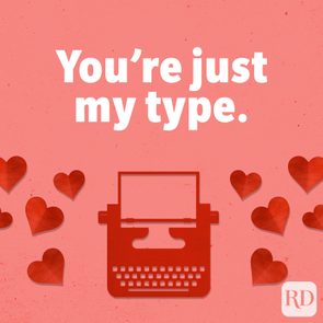Red typewriter sits amidst floating hearts on pink background; text reads, 