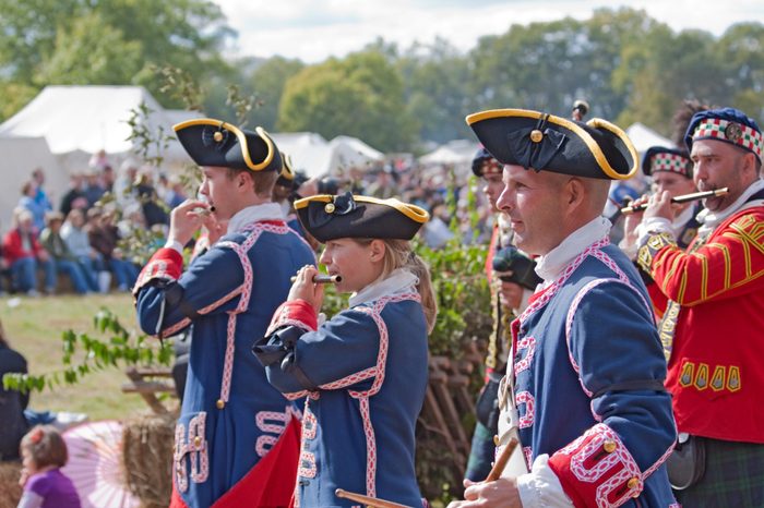 WEST LAFAYETTE, INDIANA - OCTOBER 3: Fifers and drummers march in a parade at the Feast of the Hunter's Moon in West Lafayette, Indiana, October 3, 2010.