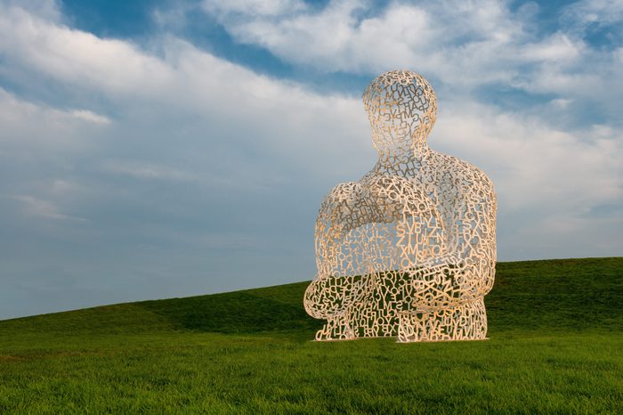 DES MOINES, IOWA - AUGUST 19: Stainless steel Nomade sculpture by Jaume Plensa in Pappajohn Sculpture Park on August 19, 2013 in Des Moines, Iowa