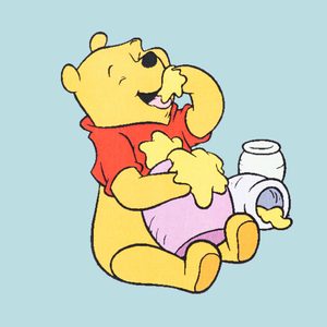 Bear eats honey happily, sitting with legs crossed, surrounded by honey pots, against a light blue background.