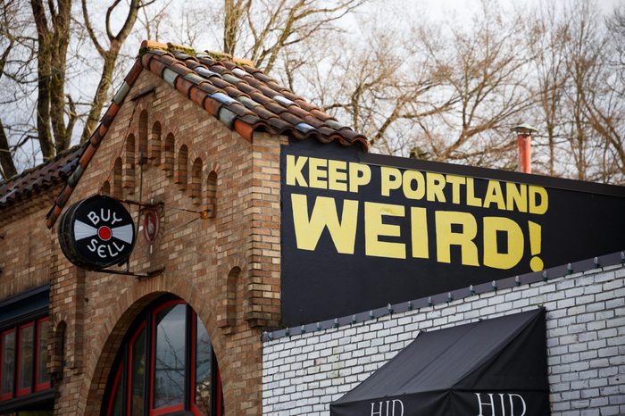 PORTLAND, OR - FEBRUARY 2, 2016: Keep Porltland Weird sign at a well known record store in downtown PDX.