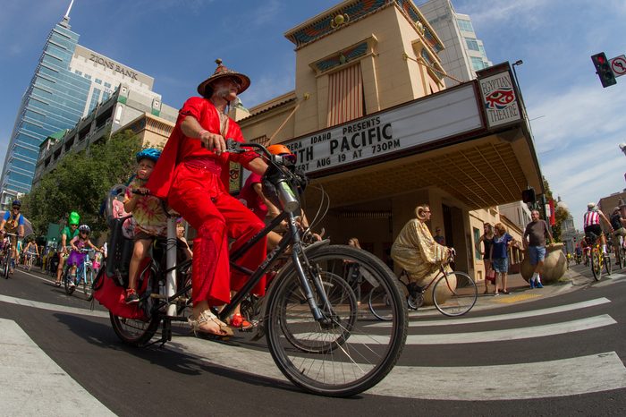 BOISE, IDAHO/USA - AUGUST 13, 2016: Fisheye view of a person in costume during the Tour De Fat parade in Boise, Idaho
