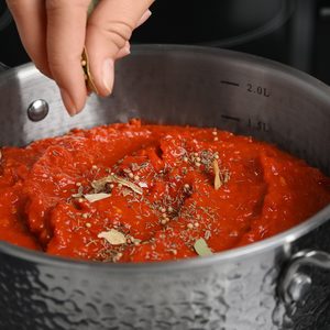 Hand sprinkles spices over tomato sauce in a metal pot, sitting on an induction stove with visible measurement markings inside.