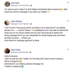 Three social media posts offer tickets for a show due to inability to attend, encouraging direct messages for purchase.