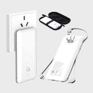 Portable charger plugs into an outlet; nearby, its carrying case is open. Gray background, text on charger details specifications.