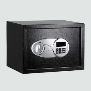 A black safe with a digital keypad and a handle is placed against a light gray background.