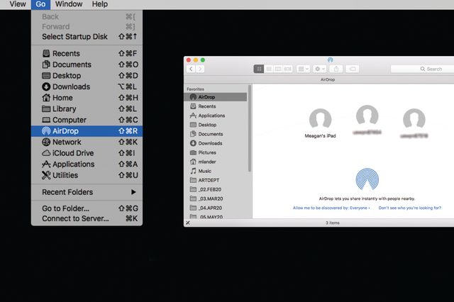 Menu displays selected AirDrop option; adjacent window shows AirDrop interface with nearby devices, allowing instant file sharing.