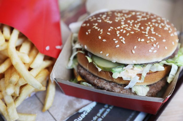 close up mcdonalds big mac and fries on a tray