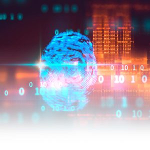 A digital fingerprint glows brightly among floating binary code and programming text, set against a dark technological background.
