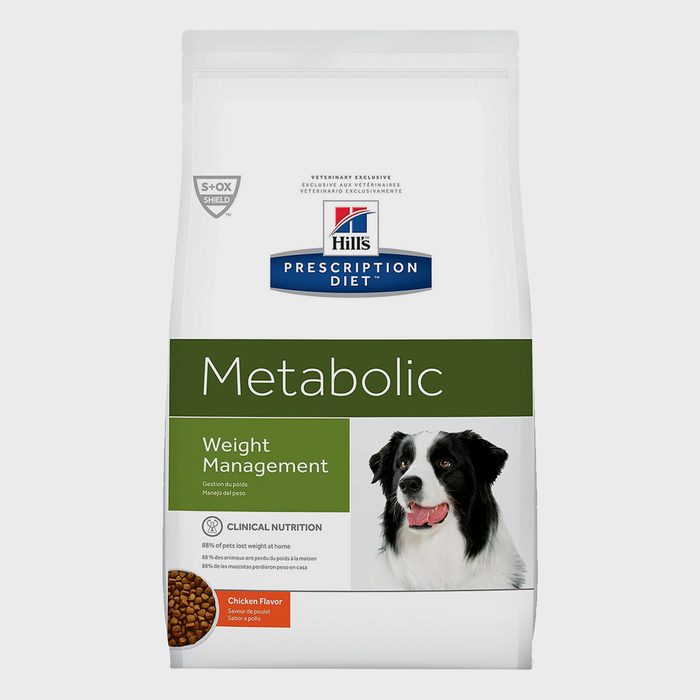A dog food bag displays 