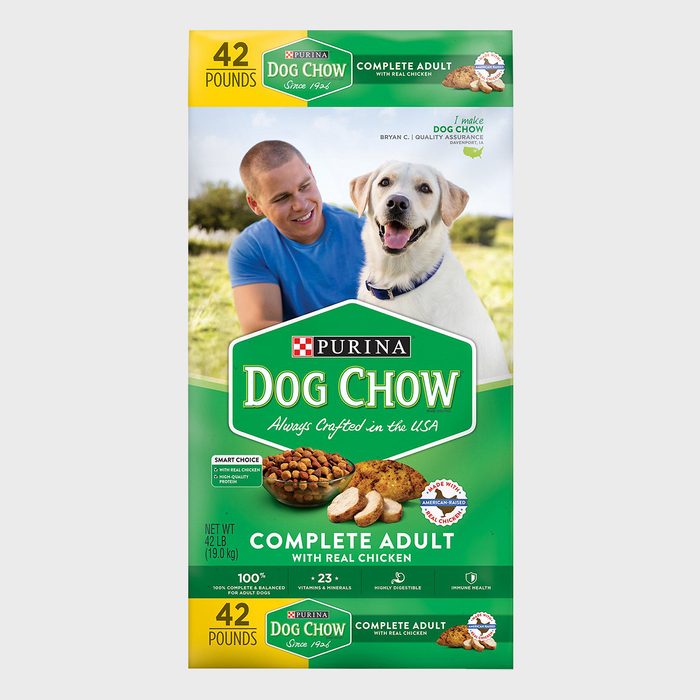 Dog food bag features a happy dog with a man; labeled 