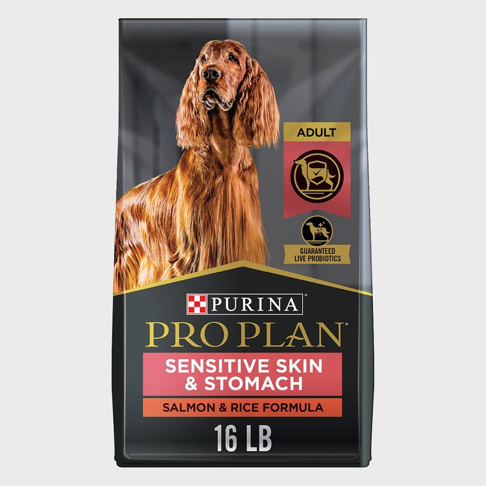 Dog food bag features a golden retriever, labeled 