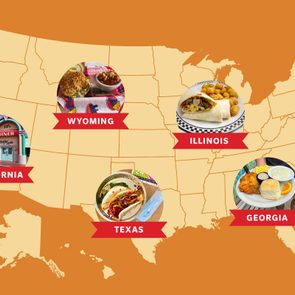 Map highlighting foods from five states, including fried chicken, tacos, burrito, and diner with labeled locations: Wyoming, Illinois, Georgia, Texas, California.