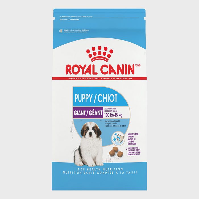 A Royal Canin puppy food bag displays a puppy image; labeled 