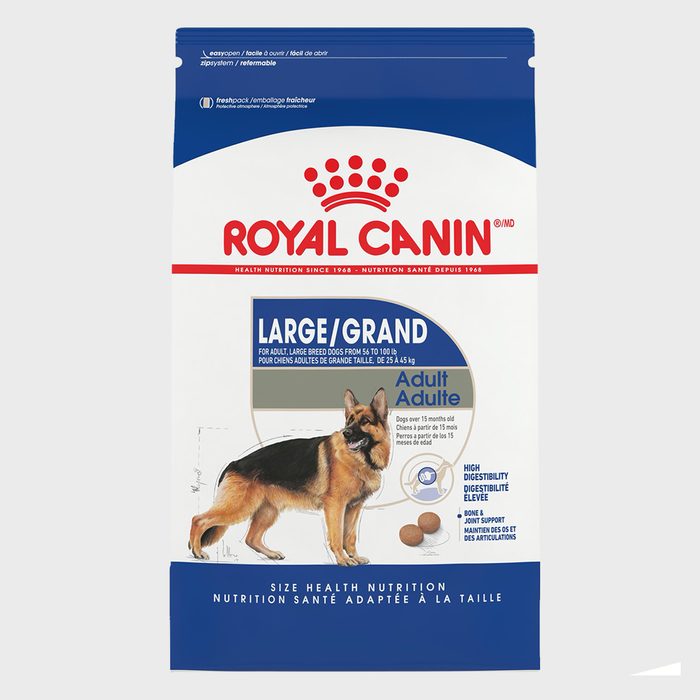 Dog food package features a German Shepherd, emphasizing size health nutrition for adult large dogs, with high digestibility and joint support. Text: 