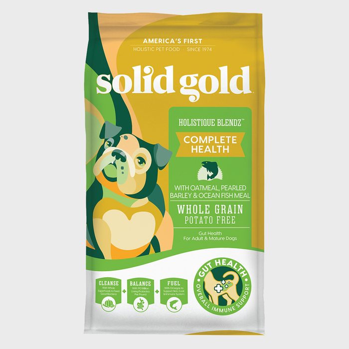 Dog food package shows a cartoon dog; labeled 