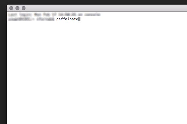 Terminal window displays the command "caffeinate" on a blank screen, indicating a command-line interface on a computer.
