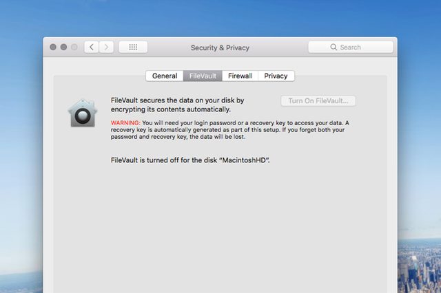 Security window displays FileVault settings on a computer, showing options like General, Firewall, Privacy, with a warning about encryption and recovery keys.
