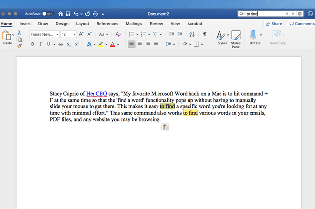 Text document describes a Microsoft Word hack to easily find words using Command + F on a Mac, highlighted within Word interface.