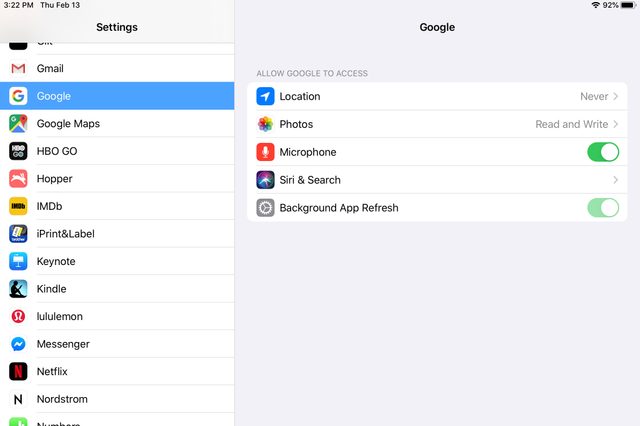 Settings screen shows Google app permissions, including Location, Photos, Microphone, Siri & Search, and Background App Refresh. Location access is set to "Never".