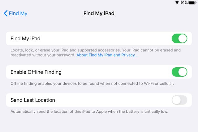 Screen displays "Find My iPad" settings with toggles for Find My iPad, Enable Offline Finding, and Send Last Location, two activated.