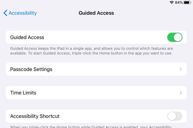 Settings screen displays "Guided Access" options, with toggle switches for Guided Access, Passcode Settings, Time Limits, and Accessibility Shortcut in a digital interface.