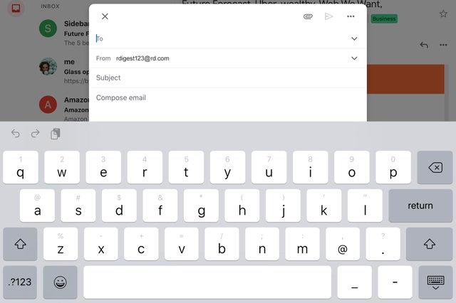 Keyboard on-screen, typing email; context shows a draft with fields for recipient, subject, and message, amidst other email applications.