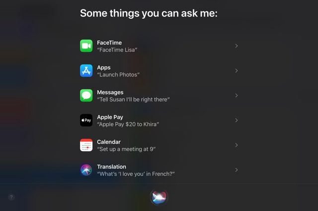 Text list on a Siri suggestions screen shows command options for FaceTime, Apps, Messages, Apple Pay, Calendar, and Translation, including specific example phrases.