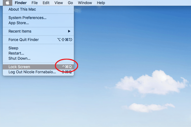 Dropdown menu displays Mac OS options like "Lock Screen" with a keyboard shortcut, over a blue sky desktop background with clouds.