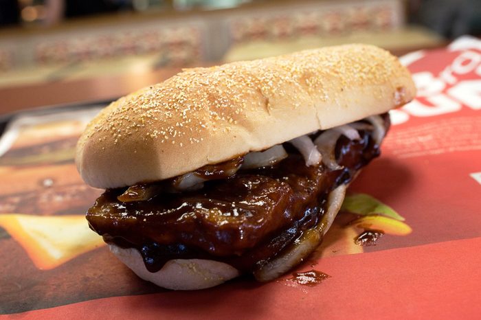 mcrib on a tray at mcdonalds