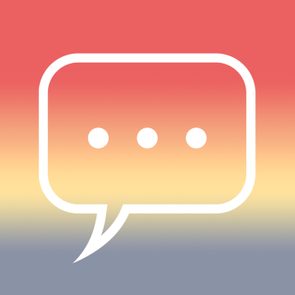A speech bubble icon contains three ellipsis dots, set against a gradient background transitioning from red to blue.