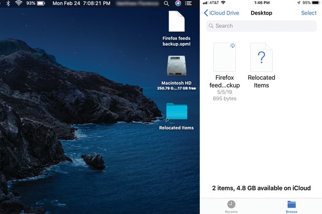 Desktop icons appear on a dark background showing files and storage use; adjacent screen displays iCloud drive with items listed.
