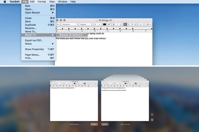 Menu options open in TextEdit, displaying "15 things.rtf" document, with dialogue allowing browsing all versions. Text includes, "15 things... you didn't know."