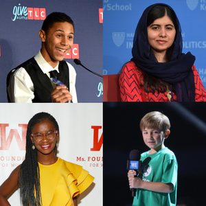 Four individuals are featured at events: person speaking into a microphone, person sitting against blue backdrop, person posing in a yellow dress, child holding microphone.