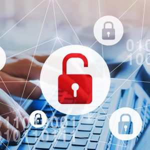 Padlock symbol indicates security concept on a digital network, with hands typing on a keyboard in the background.