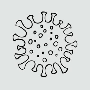 A black, circular doodle imitates a viral structure with protrusions and dots, set against a light gray background.