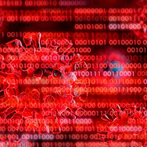 A red virus illustration overlaid with binary code in a digital backdrop.