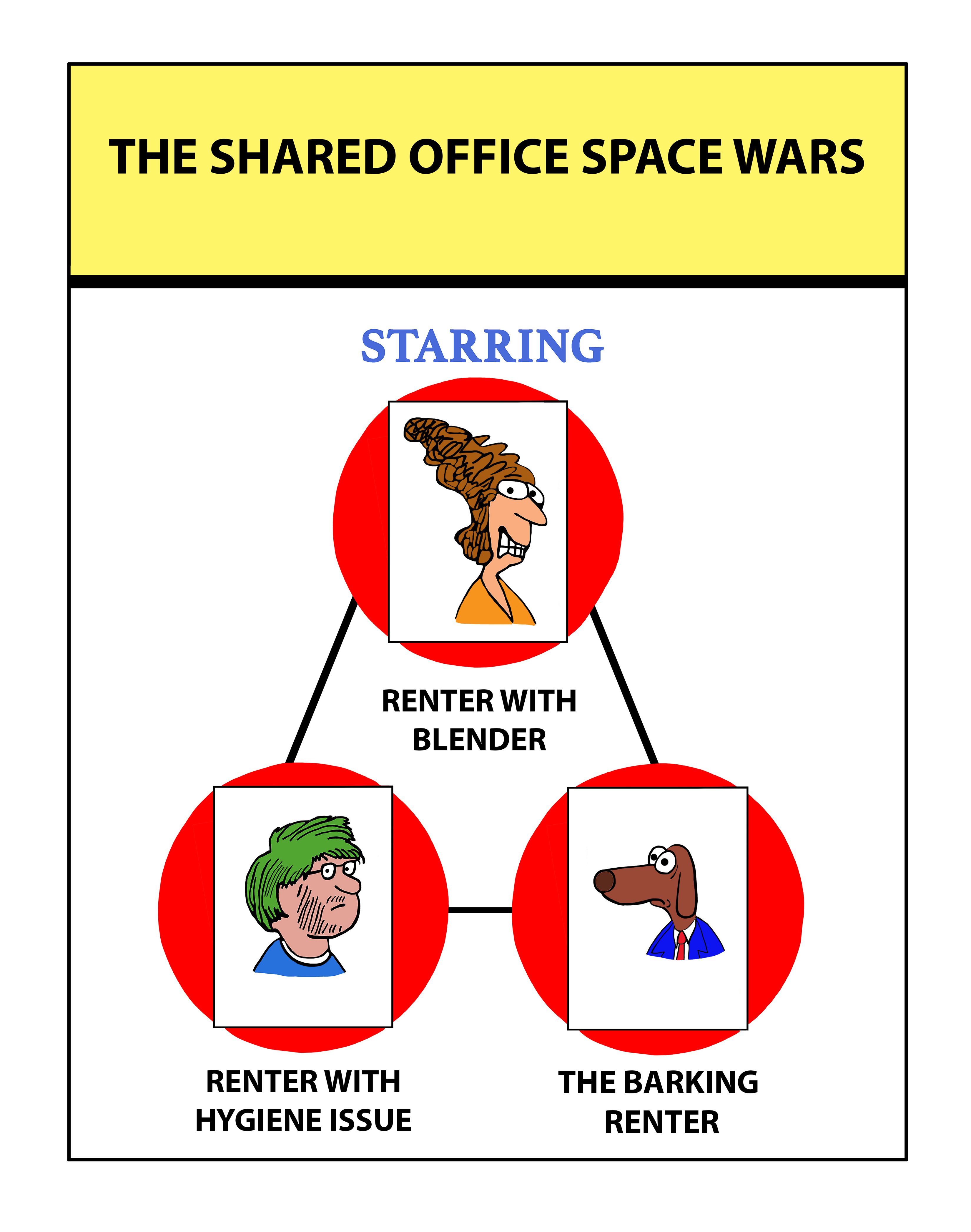 Characters labeled "Renter with Blender," "Renter with Hygiene Issue," and "The Barking Renter," appear in a triangular layout, titled "The Shared Office Space Wars."