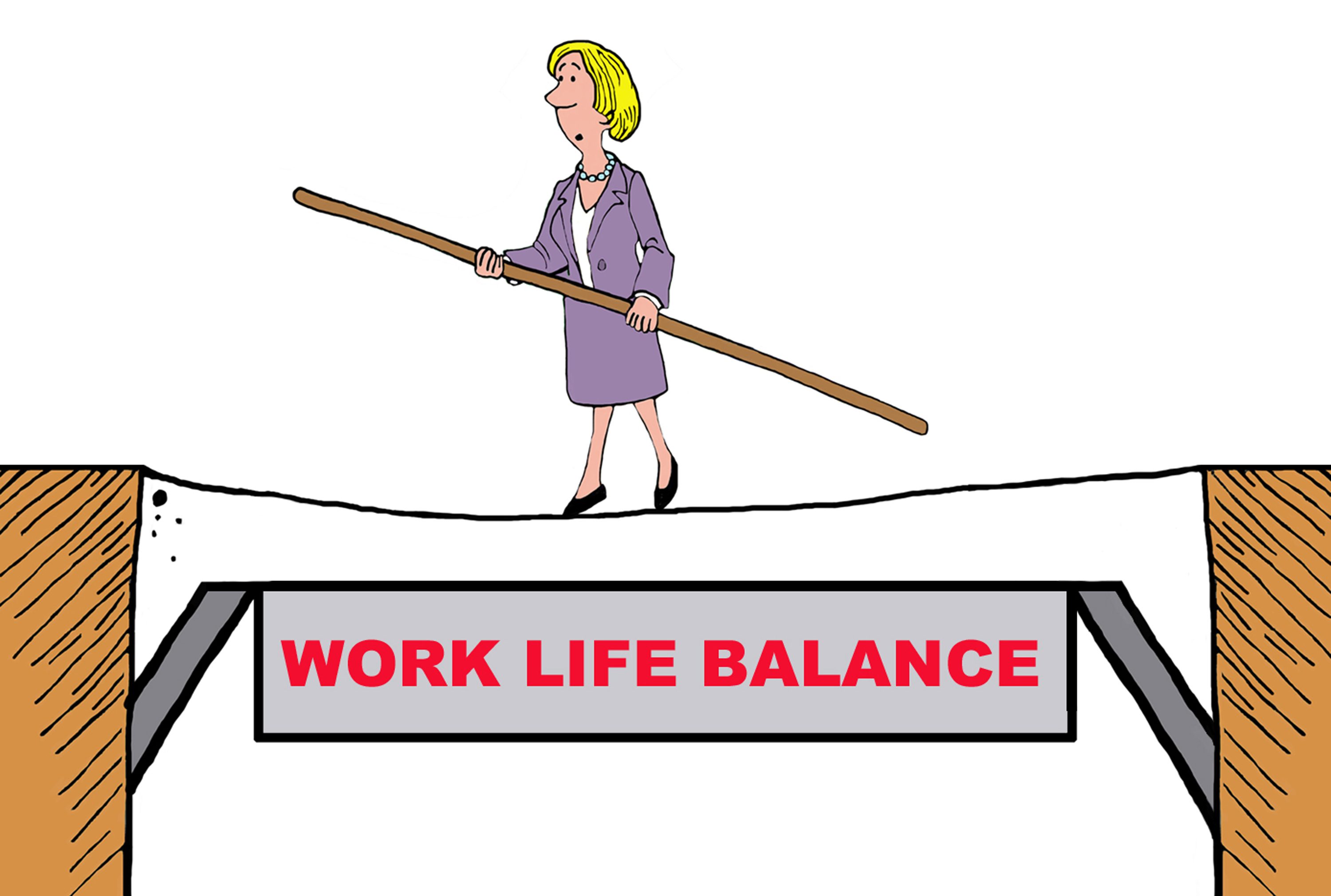 A woman balances on a tightrope holding a pole over a gap labeled "WORK LIFE BALANCE," with wooden edges on either side.