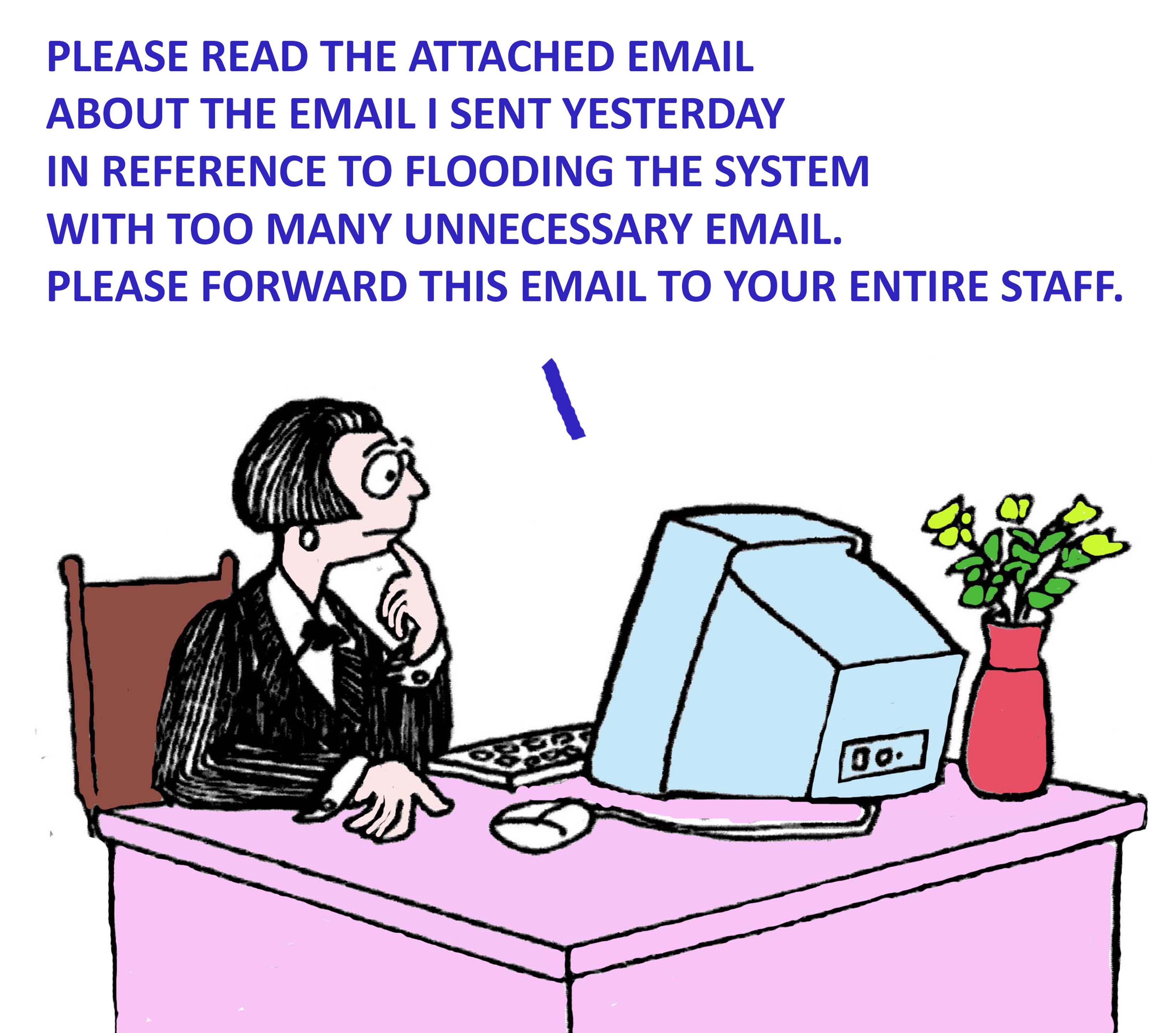 A person sits thoughtfully at a desk with a computer, a vase of flowers beside them. Text humorously discusses email overload.
