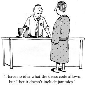 Man stands behind office desk, speaking to a person in pajamas. Text reads, 