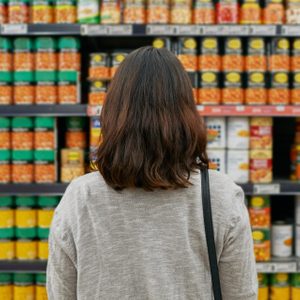 Person stands facing shelves stocked with colorful canned goods in a grocery store.
