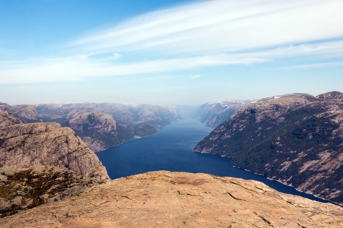 Photo of Preikestolen, Pulpit Rock at Lysefjord in Norway. Aerial view.
