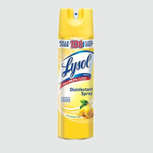 Yellow can of Lysol disinfectant spray claims to kill germs. Text highlights 