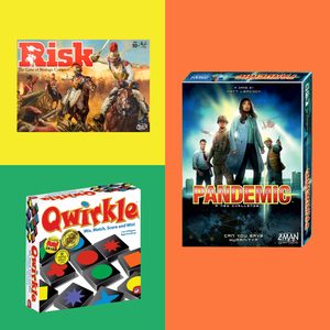 Three board games displayed; 