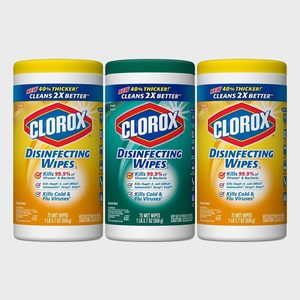 Containers of Clorox disinfecting wipes stand side by side, labeled as killing 99.9% of viruses and bacteria, in a clean, neutral background.