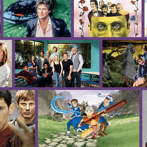 Collage shows TV characters and scenes; includes diverse individuals, animated figures, and varied backgrounds like classrooms, landscapes, and fantasy settings.