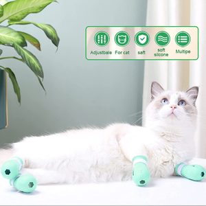 Cat wearing soft silicone claw covers lounges indoors near green plant, relaxed and curious about its surroundings. Text describes features: Adjustable, soft, silicone.
