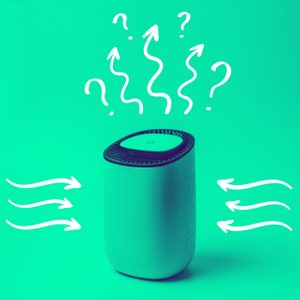 Air purifier emits air, surrounded by swirling arrow illustrations, on a teal background.