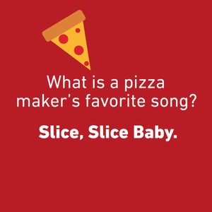 Pizza slice decorates a red background, posing a joke: 